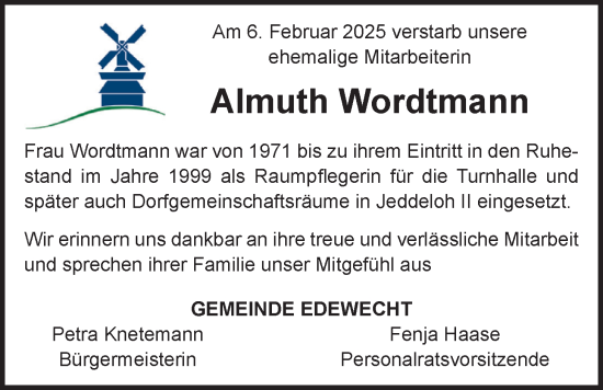 Traueranzeige von Almuth Wordtmann von Nordwest-Zeitung