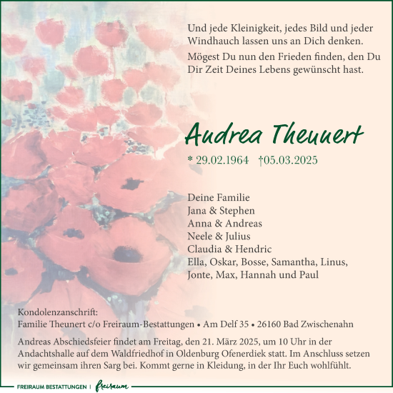 Traueranzeige von Andrea Theunert von Nordwest-Zeitung