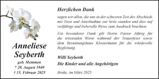 Traueranzeige von Anneliese Seyberth von Nordwest-Zeitung