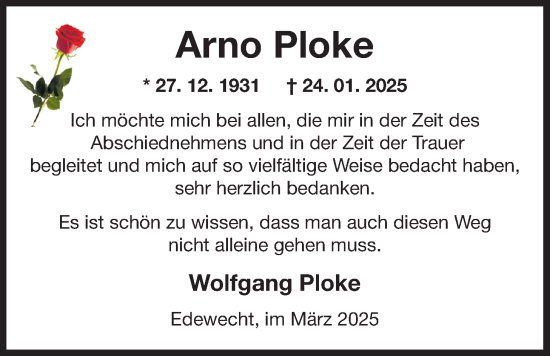 Traueranzeige von Arno Ploke von Nordwest-Zeitung