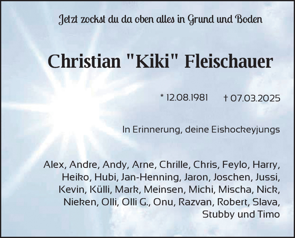 Traueranzeige für Christian Fleischauer vom 15.03.2025 aus WZ/JW/AH