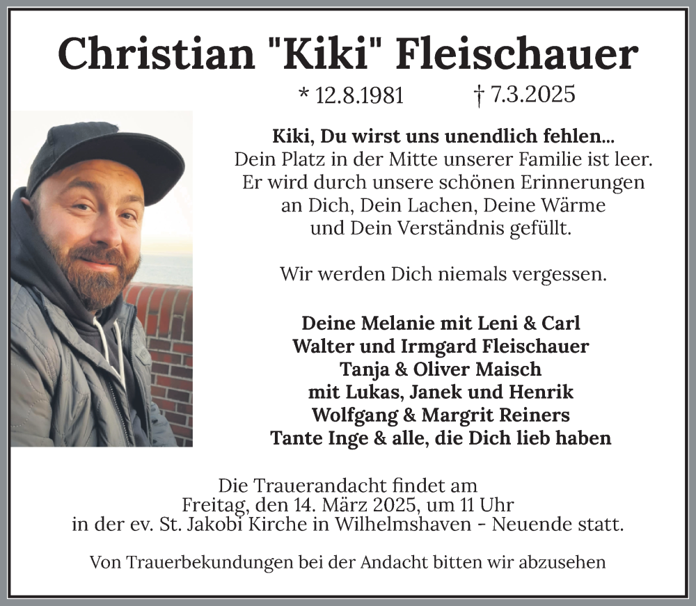  Traueranzeige für Christian Fleischauer vom 12.03.2025 aus WZ/JW/AH