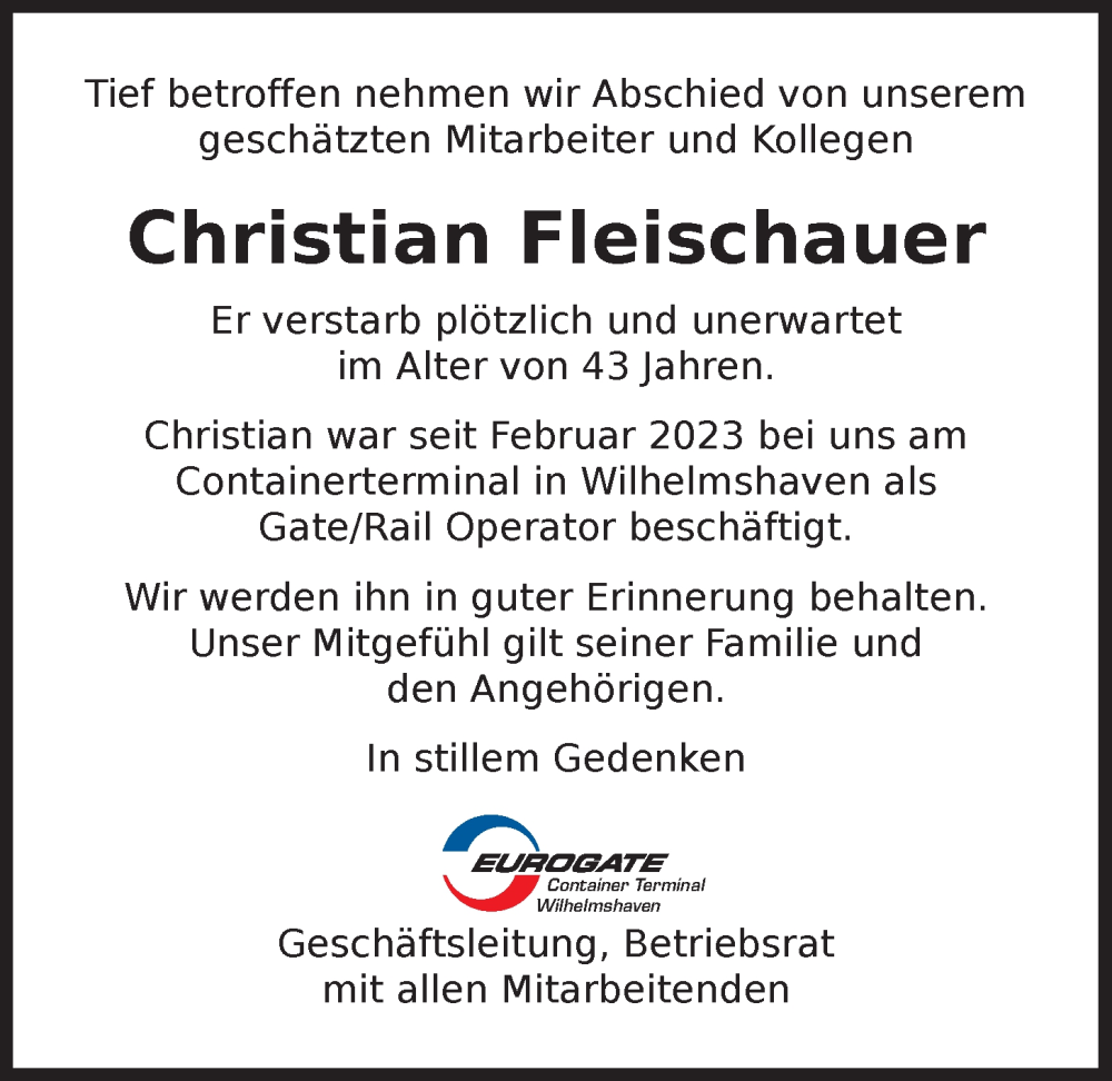  Traueranzeige für Christian Fleischauer vom 12.03.2025 aus WZ/JW/AH