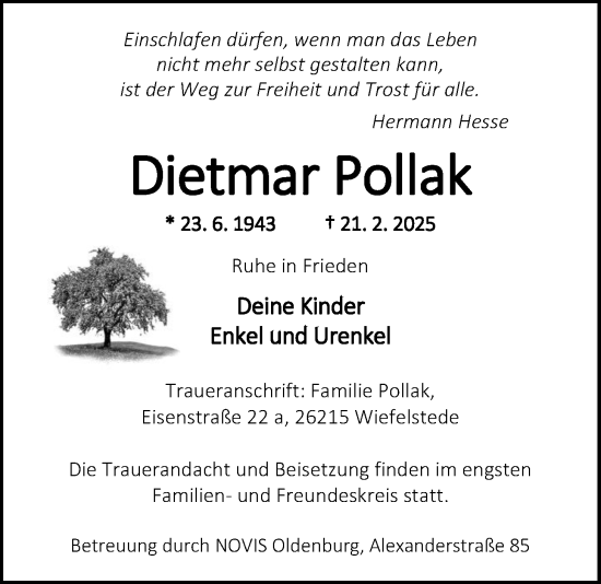 Traueranzeige von Dieetmar Pollak von Nordwest-Zeitung