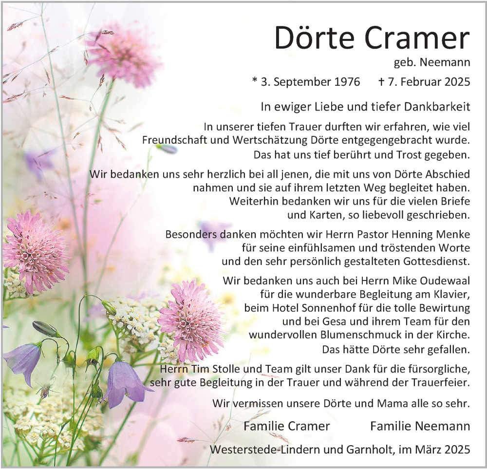 Traueranzeige für Dörte Cramer vom 15.03.2025 aus Nordwest-Zeitung