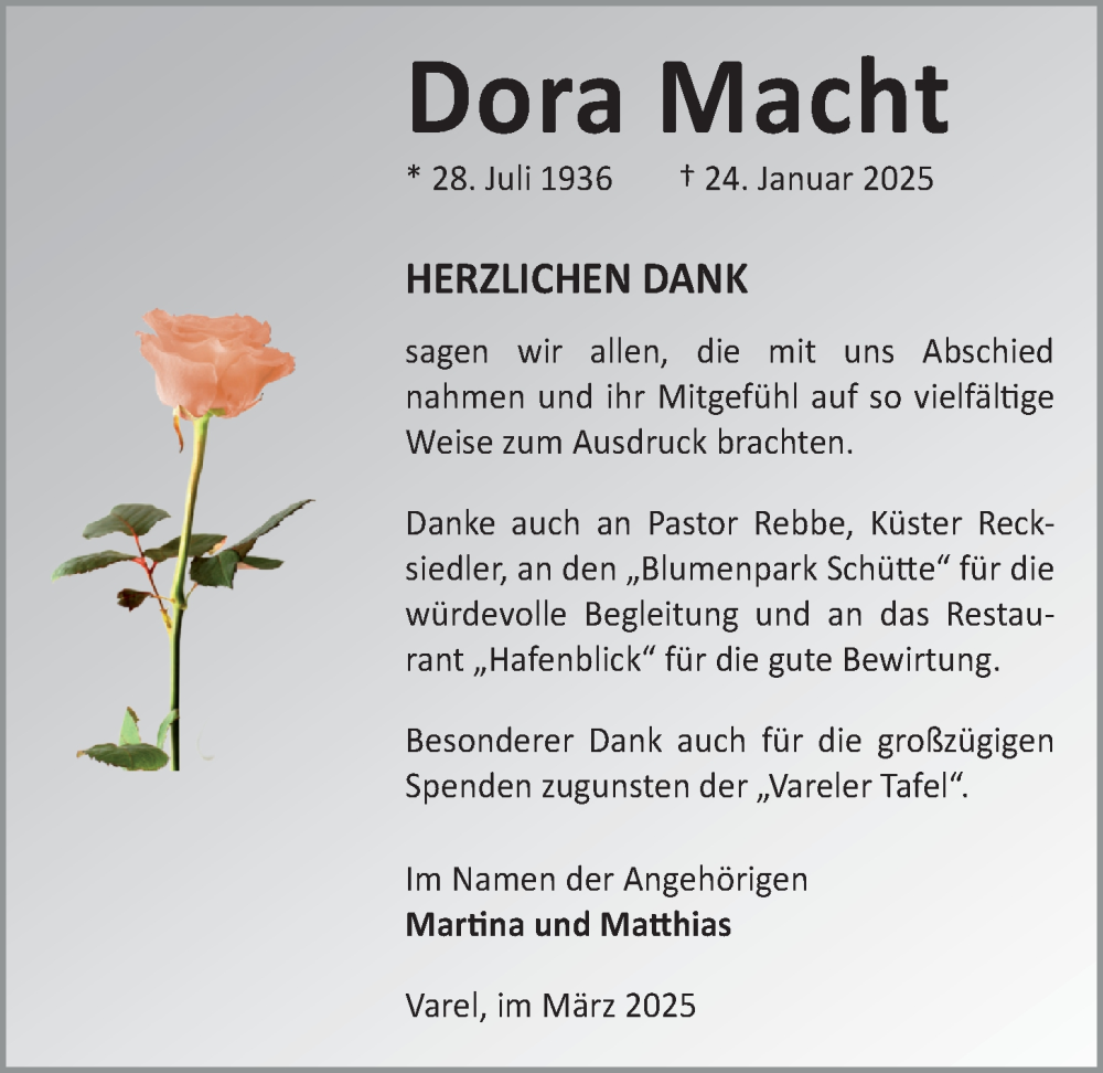  Traueranzeige für Dora Macht vom 15.03.2025 aus Nordwest-Zeitung