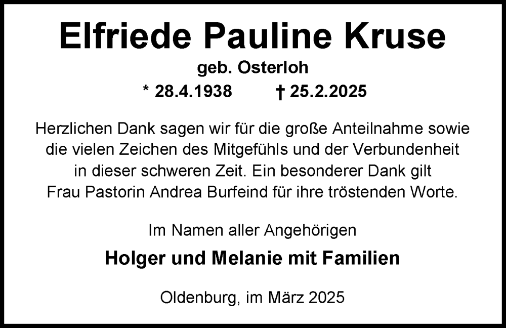  Traueranzeige für Elfriede Pauline Kruse vom 22.03.2025 aus Nordwest-Zeitung