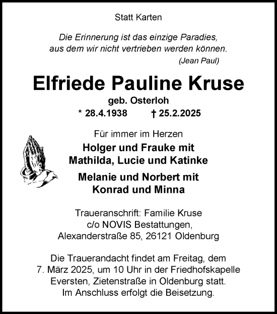 Traueranzeige von Elfriede Pauline Kruse von Nordwest-Zeitung