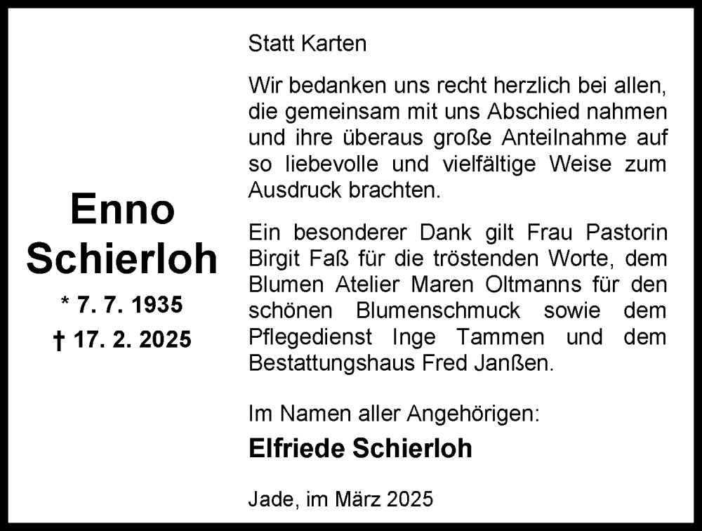  Traueranzeige für Enno Schierloh vom 29.03.2025 aus Nordwest-Zeitung