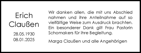 Traueranzeige von Erich Claußen von Nordwest-Zeitung