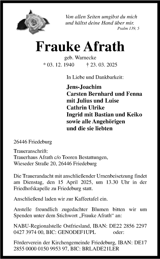 Traueranzeige von Frauke Afrath von WZ/JW/AH