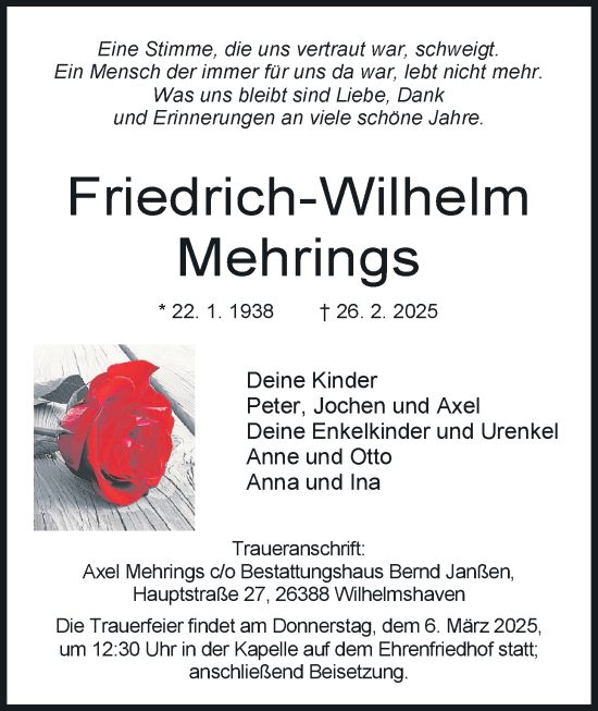 Traueranzeige von Friedrich-Wilhelm Mehrings von WZ/JW/AH