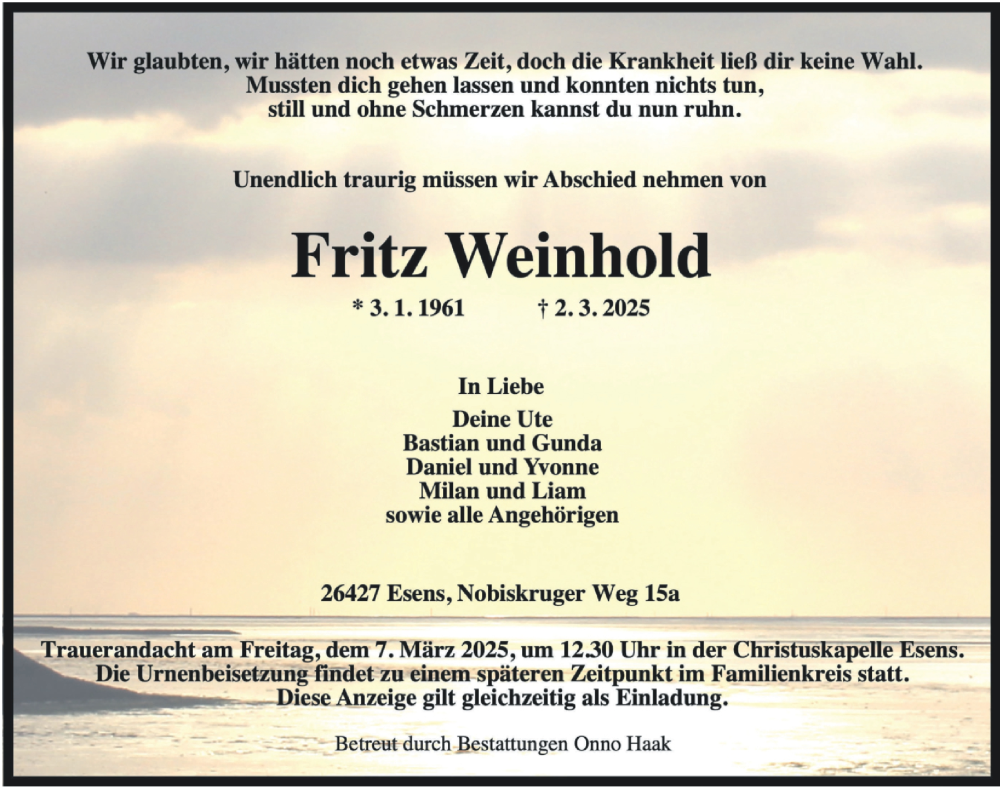  Traueranzeige für Fritz Weinhold vom 04.03.2025 aus WZ/JW/AH