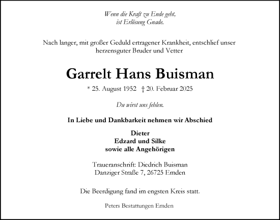 Traueranzeige von Garrelt Hans Buisman von Nordwest-Zeitung