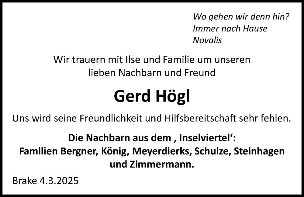  Traueranzeige für Gerd Högl vom 04.03.2025 aus Nordwest-Zeitung