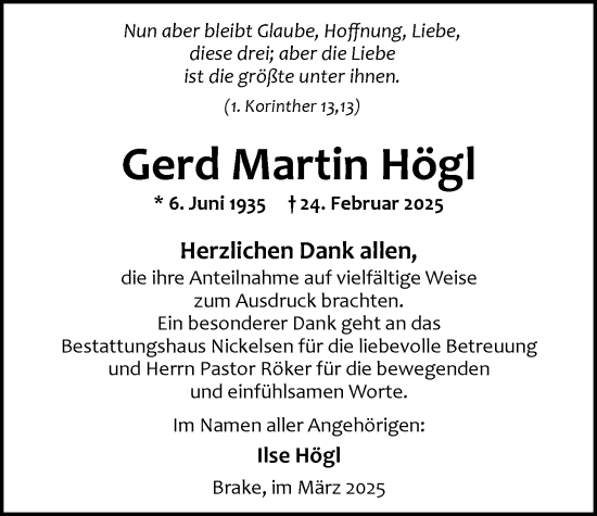 Traueranzeige von Gerd Martin Högl von Nordwest-Zeitung