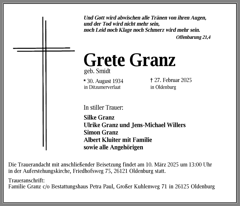  Traueranzeige für Grete Granz vom 05.03.2025 aus Nordwest-Zeitung