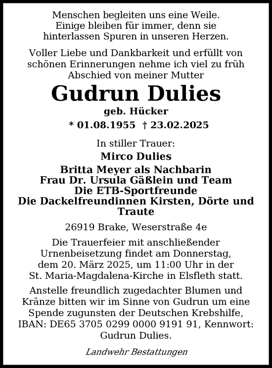 Traueranzeige von Gudrun Dulies von Nordwest-Zeitung