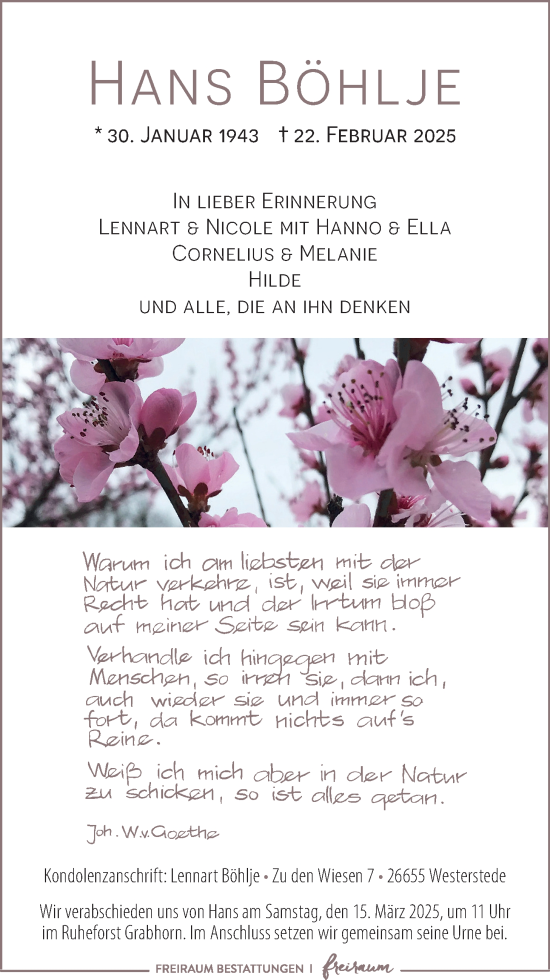 Traueranzeige von Hans Böhlje von Nordwest-Zeitung