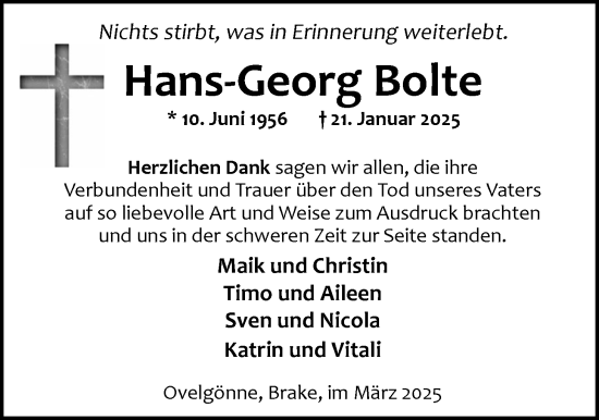 Traueranzeige von Hans-Georg Bolte von Nordwest-Zeitung