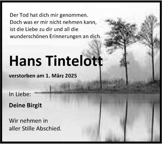 Traueranzeige von Hans Tintelott von WZ/JW/AH