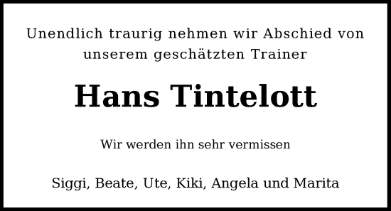 Traueranzeige von Hans Tintelott von WZ/JW/AH