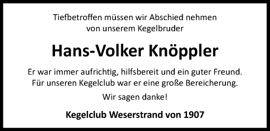 Traueranzeige von Hans-Volker Knöppler von Nordwest-Zeitung