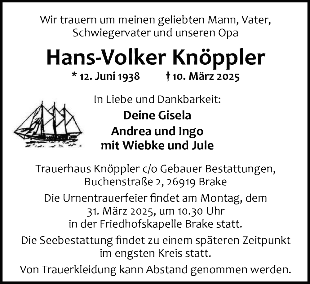  Traueranzeige für Hans-Volker Knöppler vom 24.03.2025 aus Nordwest-Zeitung