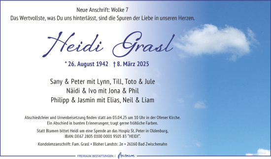 Traueranzeige von Heidi Grasl von Nordwest-Zeitung