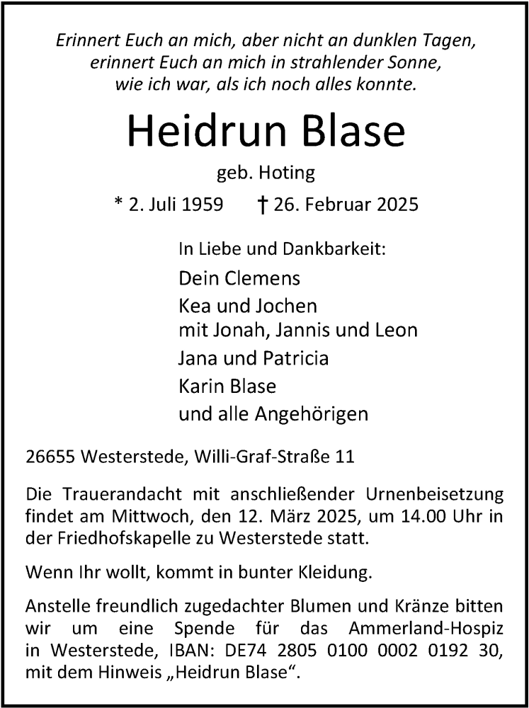  Traueranzeige für Heidrun Blase vom 05.03.2025 aus Nordwest-Zeitung
