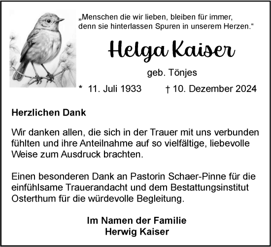 Traueranzeige von Helga Kaiser von Nordwest-Zeitung