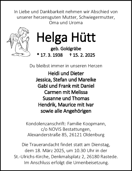 Traueranzeige von Hellga Hütt von Nordwest-Zeitung