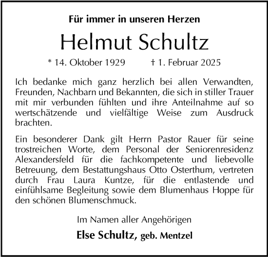 Traueranzeige von Helmut Schultz von Nordwest-Zeitung