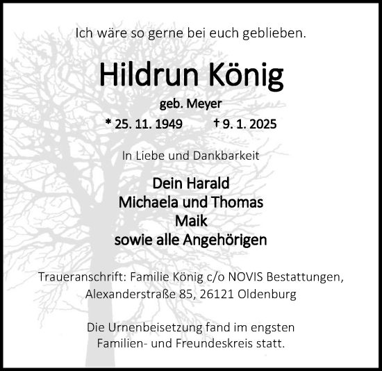 Traueranzeige von Hildrun König von Nordwest-Zeitung