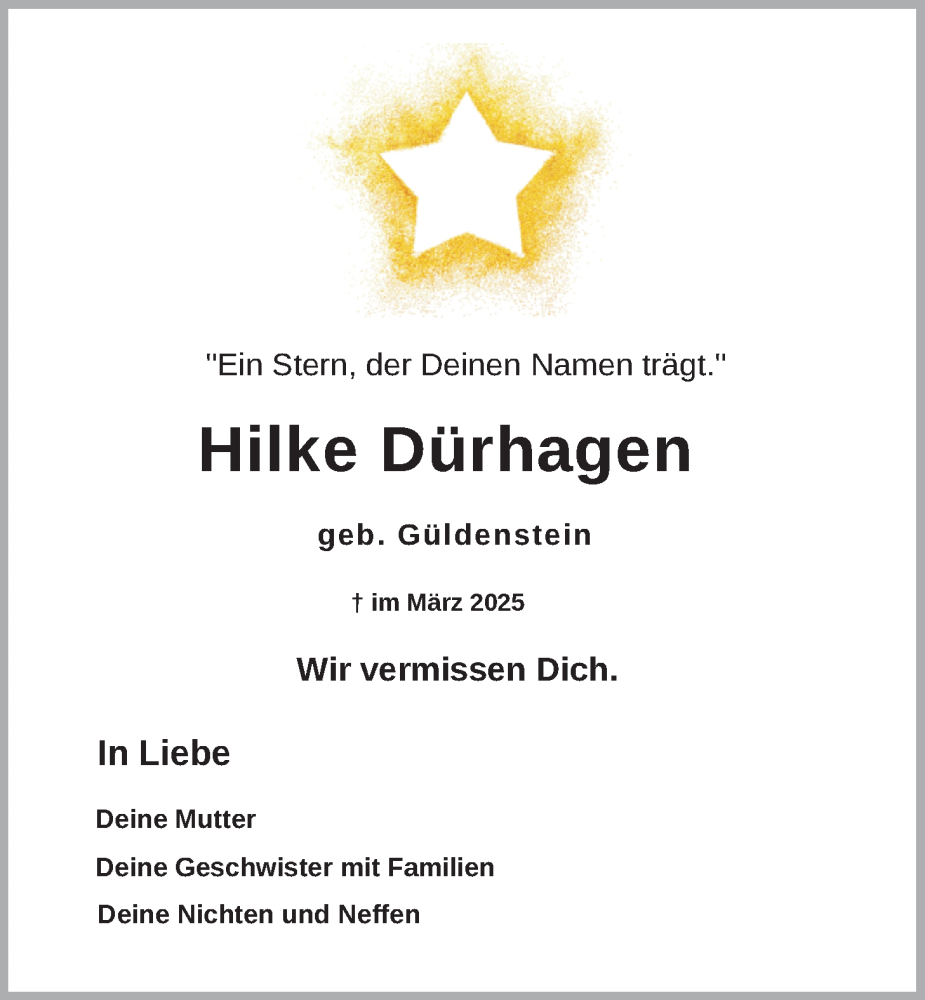  Traueranzeige für Hilke Dürhagen vom 29.03.2025 aus WZ/JW/AH