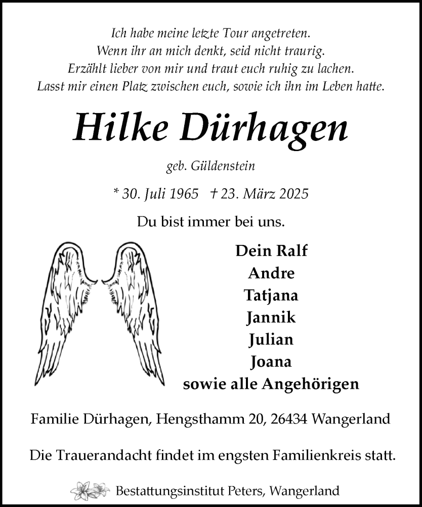  Traueranzeige für Hilke Dürhagen vom 29.03.2025 aus WZ/JW/AH