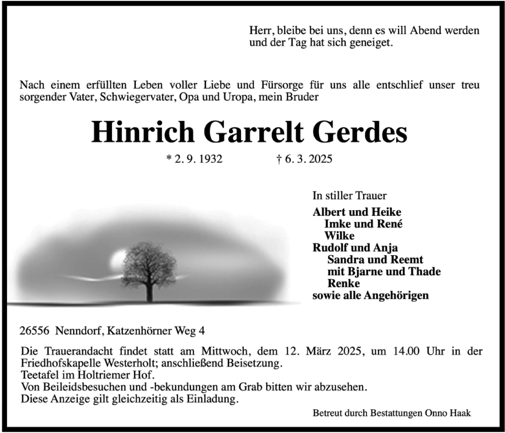  Traueranzeige für Hinrich Garrelt Gerdes vom 10.03.2025 aus WZ/JW/AH