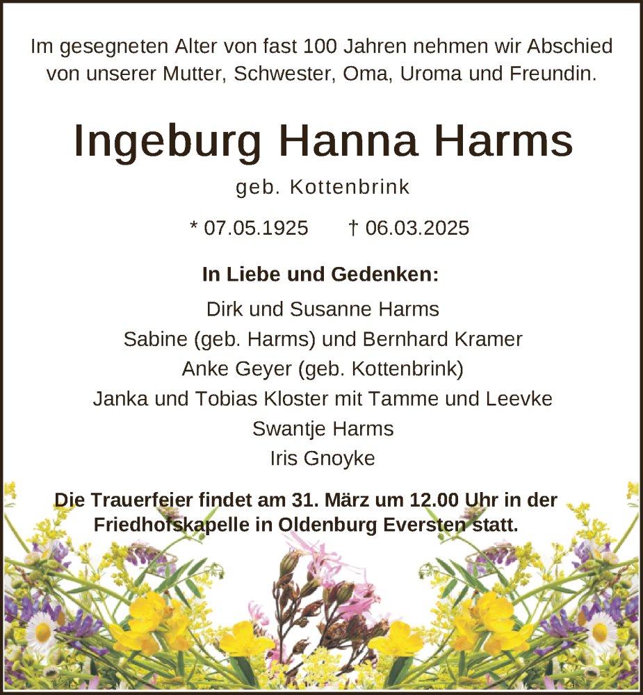  Traueranzeige für Ingeburg Hanna Harms vom 15.03.2025 aus Nordwest-Zeitung