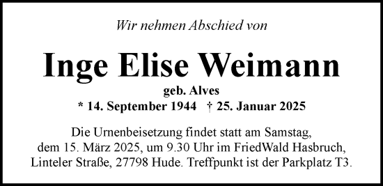 Traueranzeige von Inge Elise Weimann von Nordwest-Zeitung