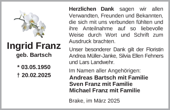 Traueranzeige von Ingrid Franz von Nordwest-Zeitung