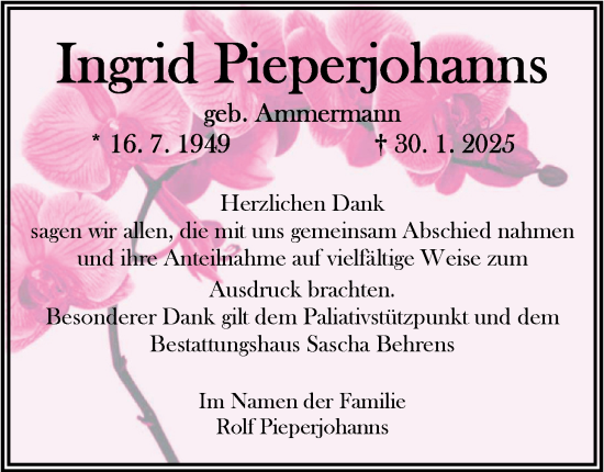 Traueranzeige von Ingrid Pieperjohanns von Nordwest-Zeitung