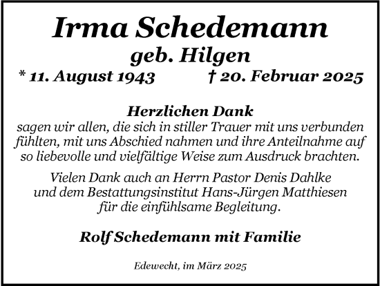 Traueranzeige von Irma Schedemann von Nordwest-Zeitung