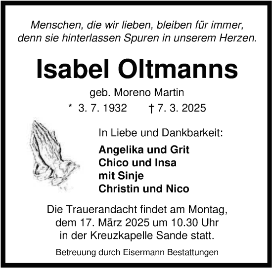 Traueranzeige von Isabel Oltmanns von WZ/JW/AH