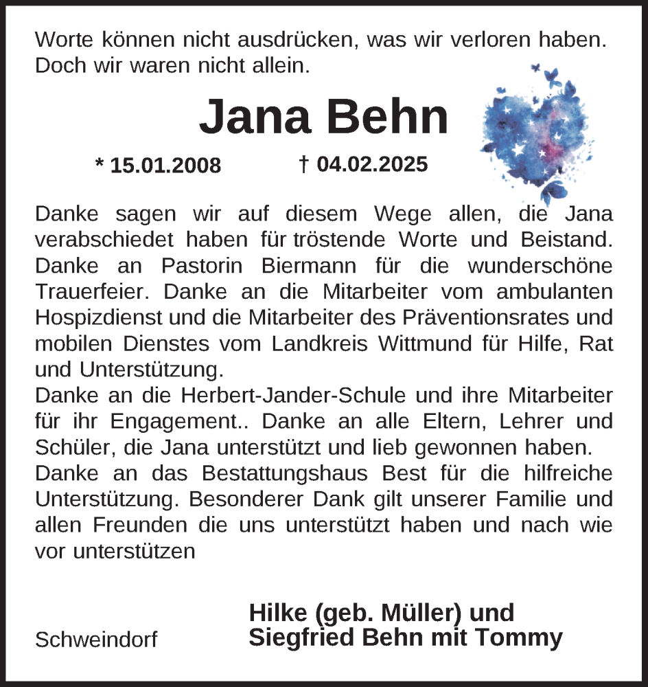  Traueranzeige für Jana Behn vom 22.03.2025 aus Nordwest-Zeitung