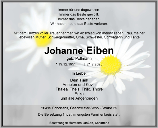 Traueranzeige von Johanne Eiben von WZ/JW/AH