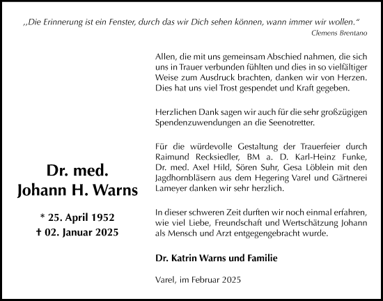 Traueranzeige von Johann H. Warns von Nordwest-Zeitung