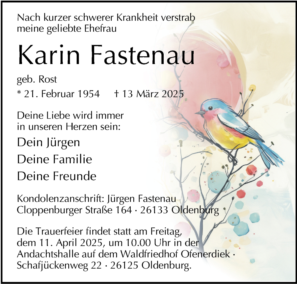  Traueranzeige für Karin Fastenau vom 22.03.2025 aus Nordwest-Zeitung