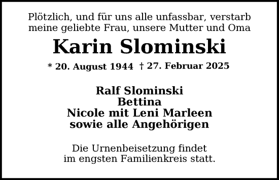 Traueranzeige von Karin Slominski von WZ/JW/AH