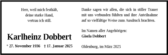 Traueranzeige von Karlheinz Dobbert von Nordwest-Zeitung