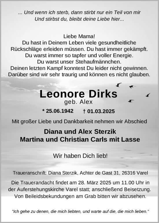 Traueranzeige von Leonore Dirks von Nordwest-Zeitung